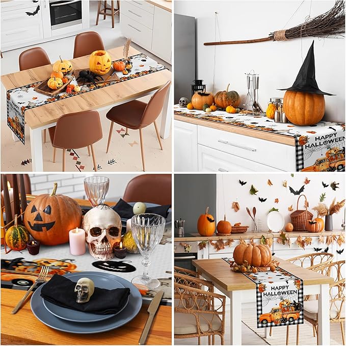 Happy Halloween Table Runner Black White Buffalo Plaid Pumpkin Truck Car Spider - Image 5
