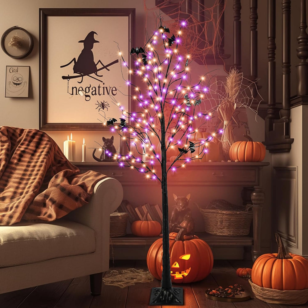 Halloween Lighted Tree with 260 LED Lights, 6FT Black Halloween Tree with Tim...