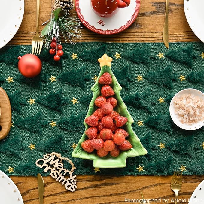 Artoid Mode Christmas Trees Stars Green Soft Plush Faux Fur Jacquard Christmas - Image 2