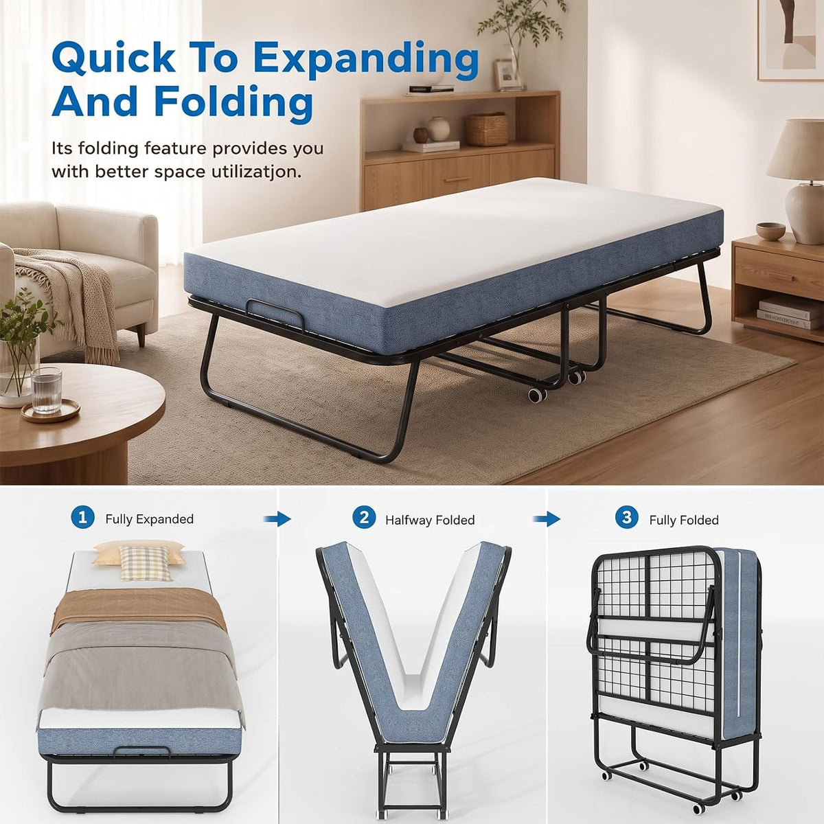 mjkone folding bed, 75" x 31" rollaway bed on a desk or shelf