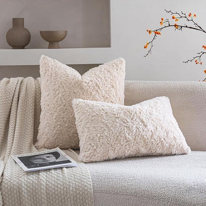 Neelvin Set of 2 Faux Fur Throw Pillow Covers 12x20 Inch Beige Cozy Soft Solid - Image 3
