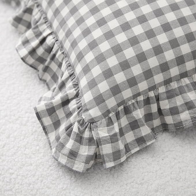 2 Pack Grey White Plaid Ruffle Gingham Lumbar Pillow Covers, 100% Washed Cotton - Image 7
