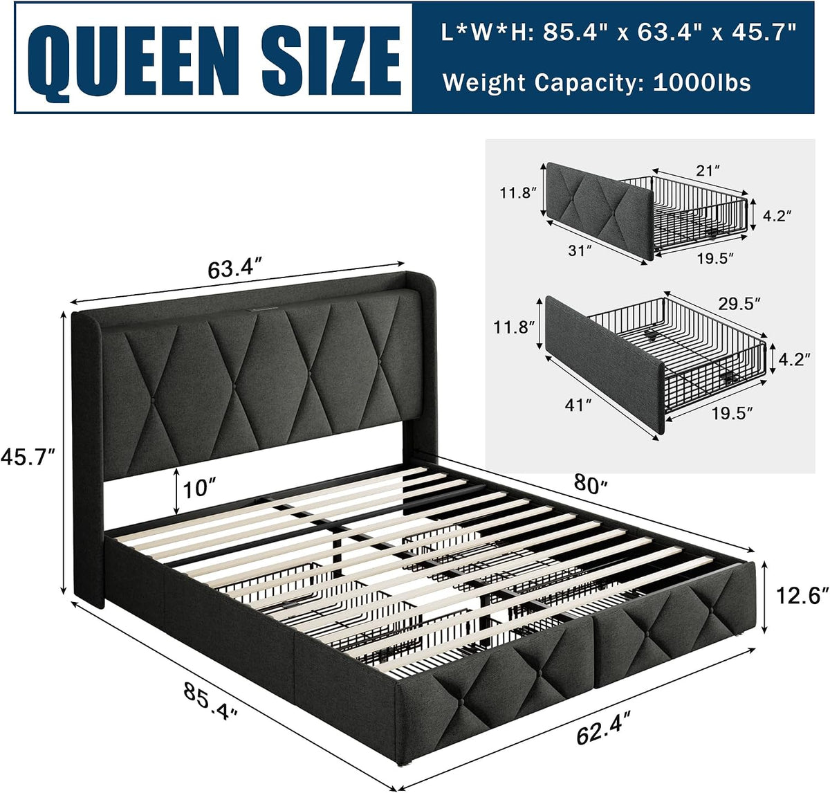 galnfu queen bed frame with 4 storage drawers shown in use