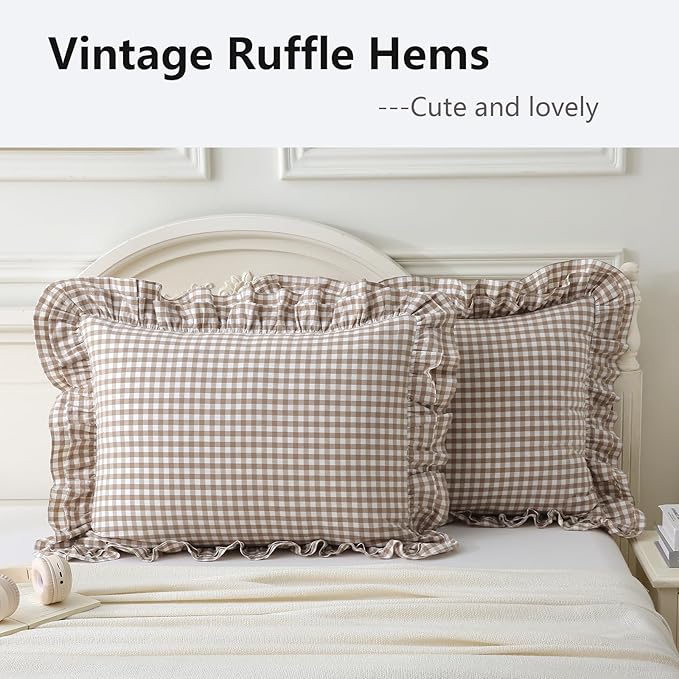 Aryeleay 2 Pack Taupe White Plaid Gingham Ruffle Pillow Shams Standard Size - Image 3
