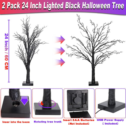 2 Pack 24 Inch Spooky Black Halloween Tree Decorations for Indoor Home Table, Halloween Lighted Tabletop Centerpiece with 24 Orange & Purple LEDs, Timer, USB or Battery Powered