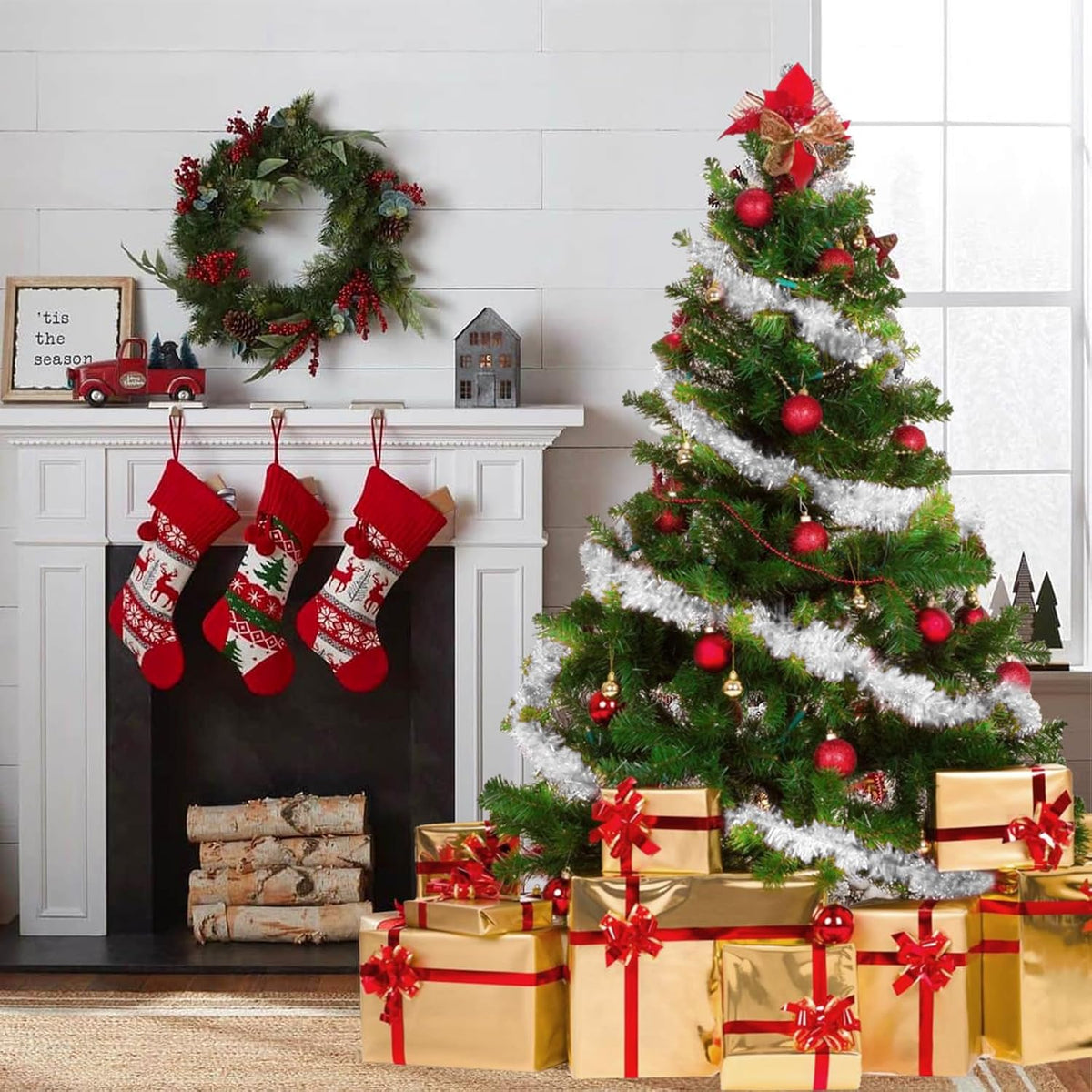 150 FT White Tinsel Garland Christmas Holiday Tinsel Garland Halloween New Year Birthday Party Decorations, Tinsel Twist for Christmas Tree Decoration (White)
