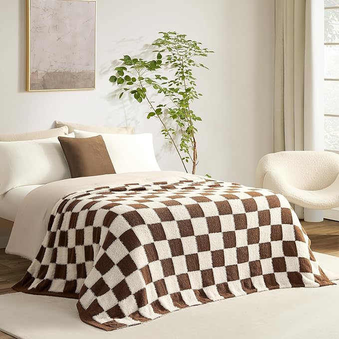 Snuggle Sac Brown Checkered Throw Blanket Faux Fur Microfiber Blankets by SnuggleSac