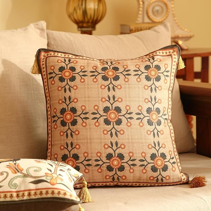 Brown Throw Pillow Covers Set of 2, Floral Farmhouse Linen Accent Pillows Cover - Image 2