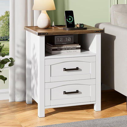 decofy farmhouse nightstand with charging station, 2 drawers, main product view