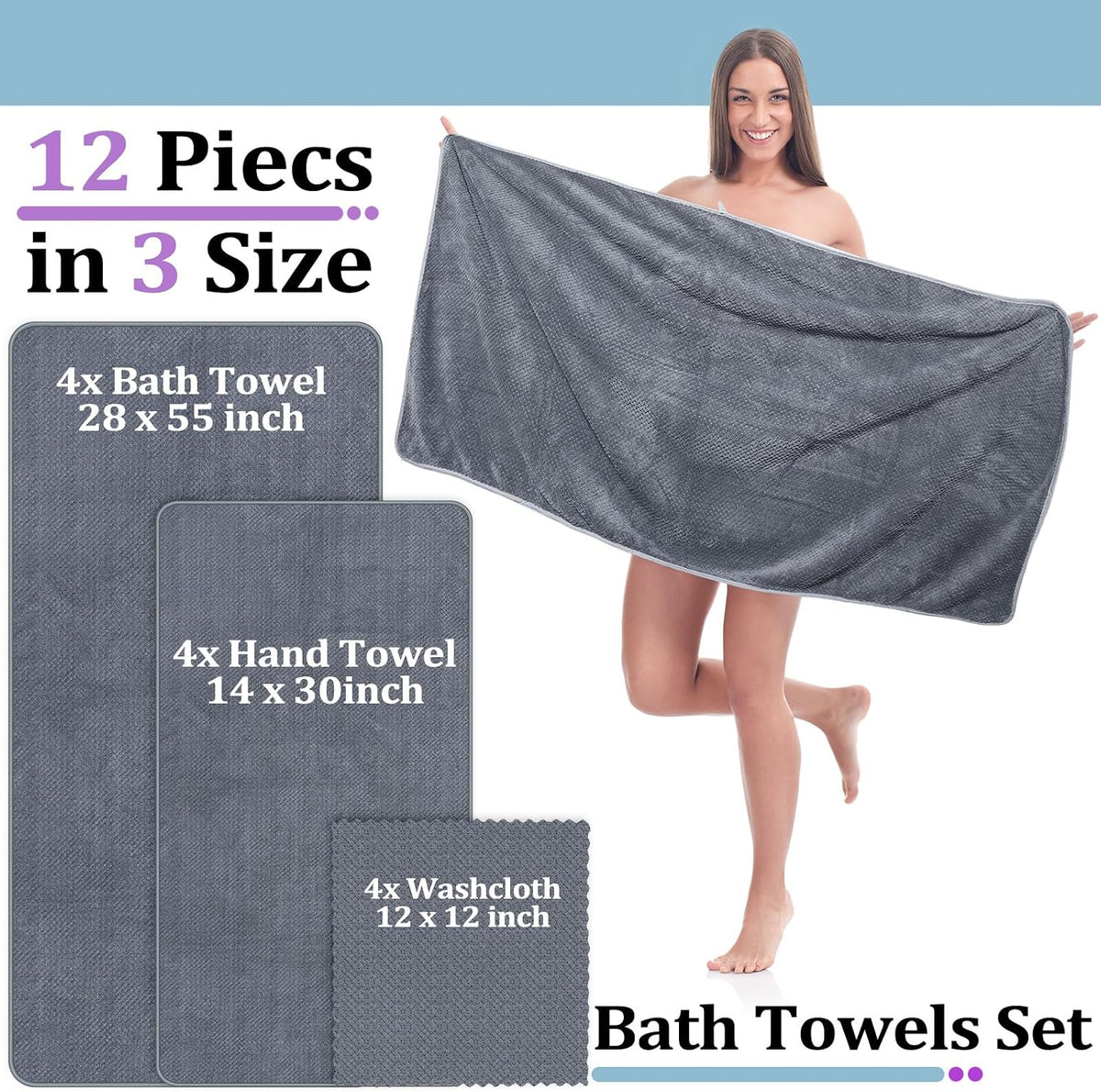 preboun 12 pcs bath towels set washcloths microfiber,4, side view