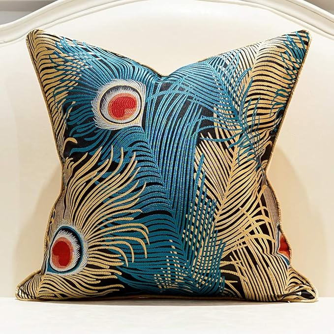 Avigers 20 x 20 Inches Navy Blue Gold Peacock Feathers Cushion Cases Luxury by Avigers