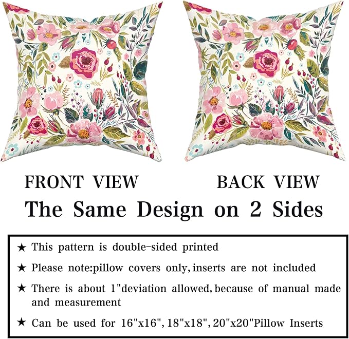 Spring Summer Flower Throw Pillow Covers 20X20 Inch Watercolor Peony Pillowcase - Image 5