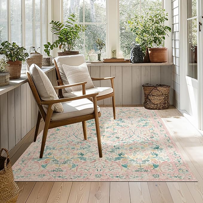 MUJOO 3x5 Pink Rug Washable, Floral Area Rug - Image 7