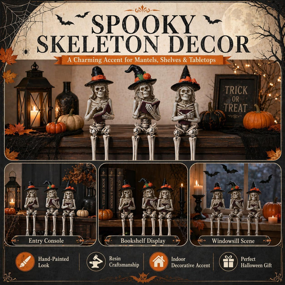 Dlfghos 3 Pieces Halloween Skeleton Statue Halloween Skull Figurine Home Decor Reading Skeleton Figurines Decorations for Indoor Fireplace Home Kitchen Desk Office Party