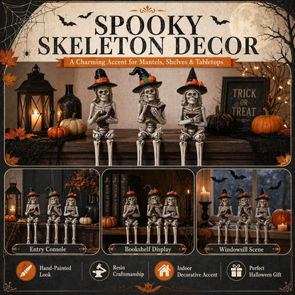 Dlfghos 3 Pieces Halloween Skeleton Statue Halloween Skull Figurine Home Decor Reading Skeleton Figurines Decorations for Indoor Fireplace Home Kitchen Desk Office Party