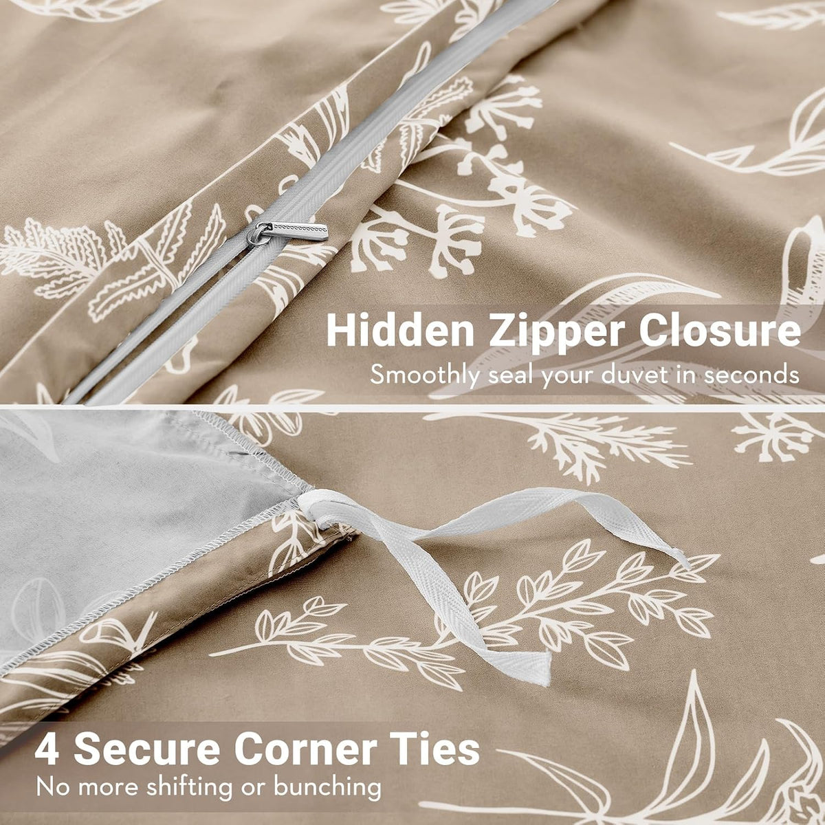 muxhomo duvet cover queen size, 3-piece floral taupe, side view