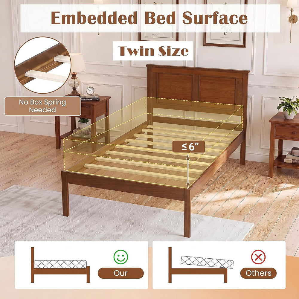 KOMFOTT Twin Size Bed Frame, Farmhouse Wooden Platform Bed with Headboard