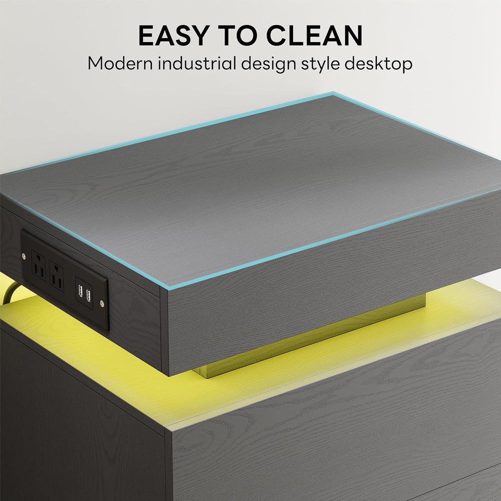 LIKIMIO Nightstand Set of 2 with Charging Station LED Light 2 Drawers Grey