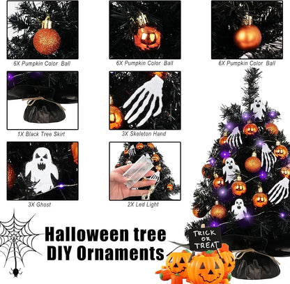 20" Mini Halloween Tree Black Tree Artificial Mini Halloween Tree with Purple LED Lights, Orange Balls Ornaments, Skeleton Hand and Ghost Decorations for Halloween Tabletop Decoration