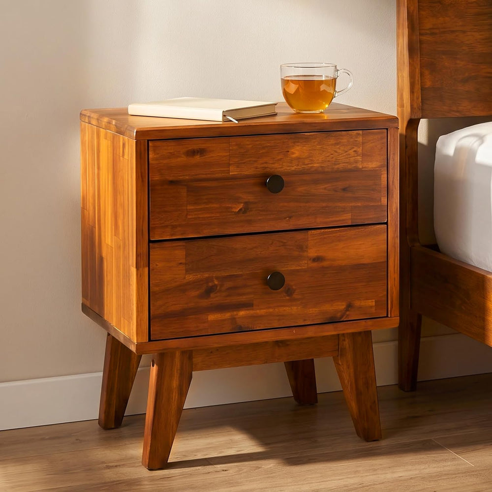 Acacia Silvia Nightstand with 2 Drawers, Solid Wood Bedside Table, Table with...
