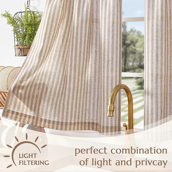 jinchan Striped Linen Kitchen Curtains 45 Inches Length Tier Curtains Farmhouse - Image 5