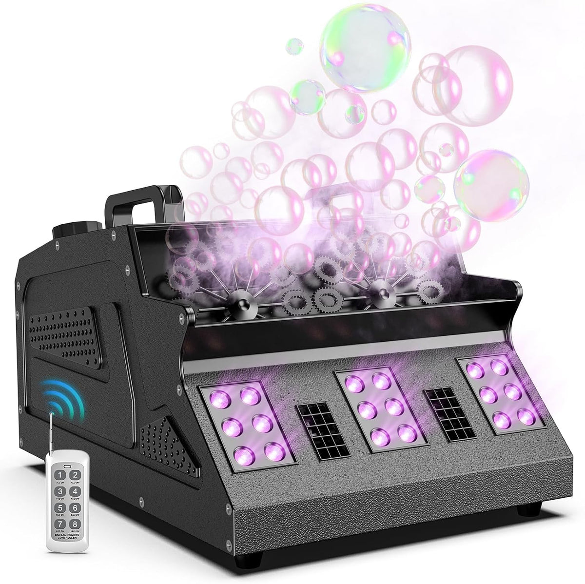 2000W Fog Machine, 3 in 1 Fog Bubble Machine with 2 Bubble Fans, 18 RGB LED Lights Smoke Bubble ALL IN ONE Fog Machine, Bubble Machine for Halloween Christmas Party Wedding Birthday