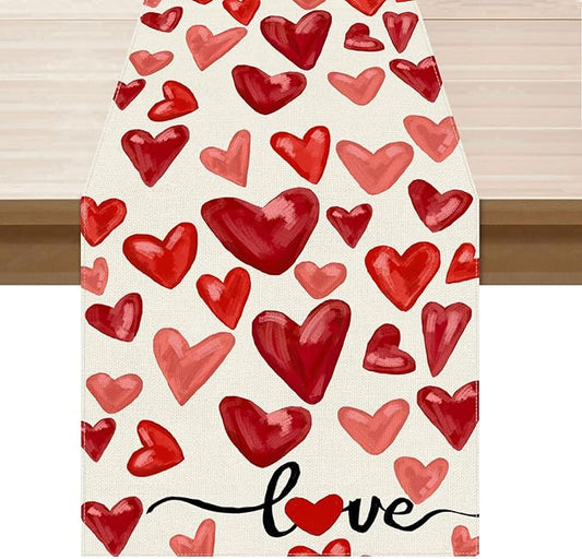 XCHI Watercolor Red Love Hearts Valentine’s Day Table Runner Table Decoration by XCHI