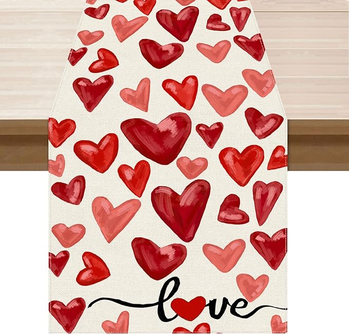 XCHI Watercolor Red Love Hearts Valentine’s Day Table Runner Table Decoration by XCHI