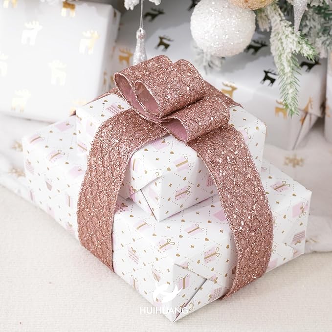 HUIHUANG Rose Gold Glitter Wired Ribbon - Image 8