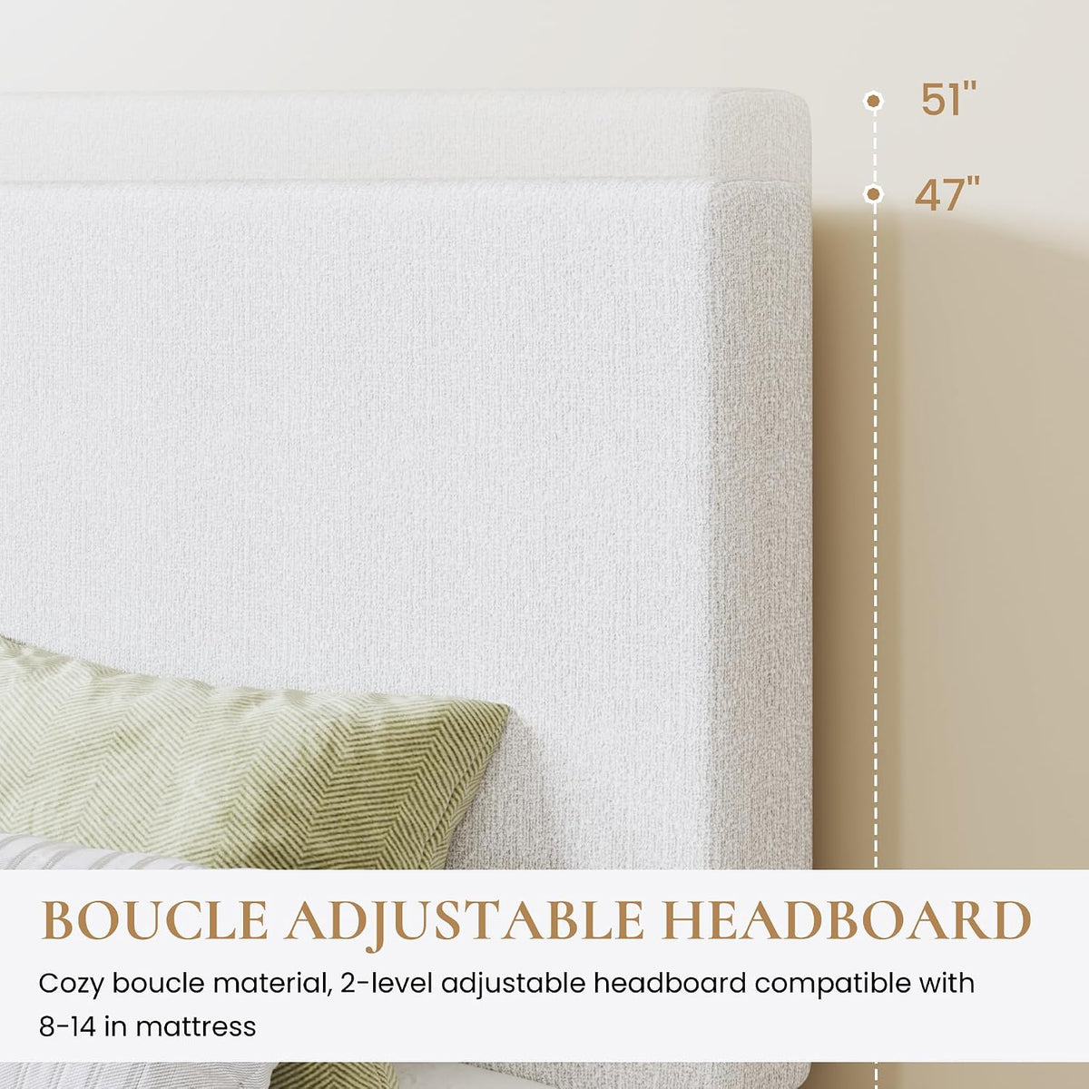 sha cerlin boucle upholstered queen size bed frame, side view