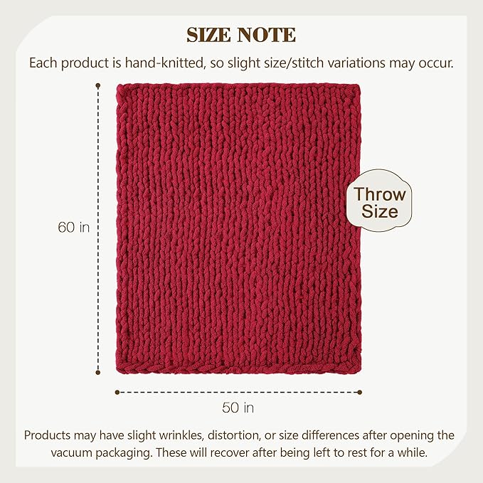 Carriediosa Chunky Knit Throw Blanket 50" X 60", 100% Hand Made Large Chenille - Image 3