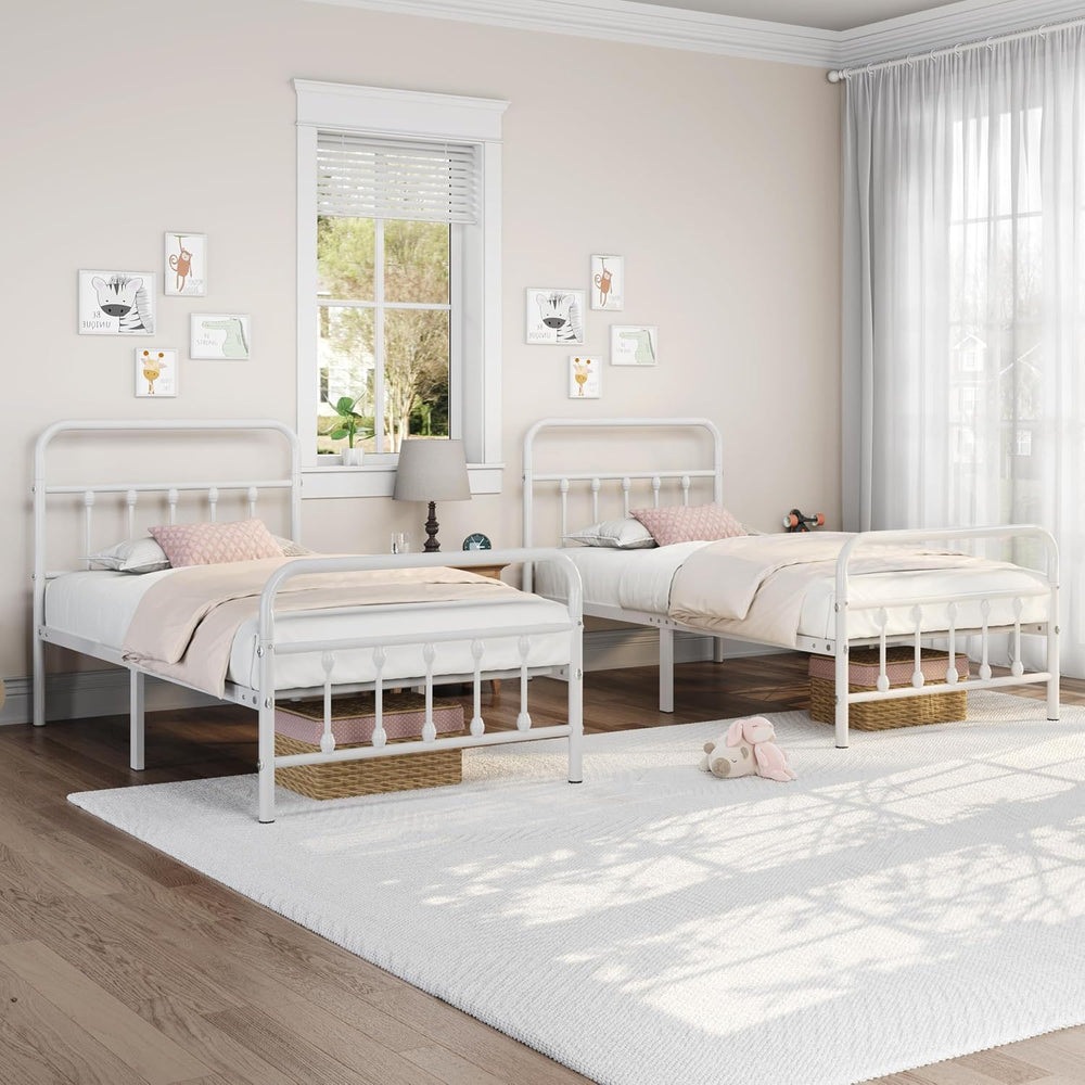 Yaheetech 2 Pcs Twin Bed Frame with Headboard, Victorian Vintage White Iron