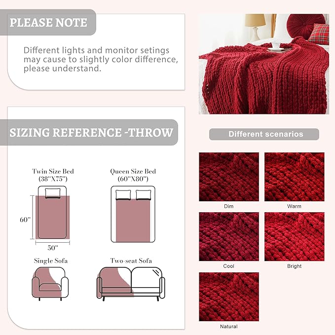 Battilo Chunky Knit Throw Blanket, Soft and Thick Red Chenille Throw Blanket - Image 8