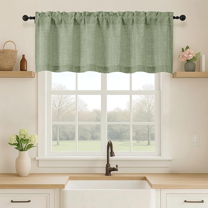 OVZME Green Valance for Windows, Light Filtering Faux Linen Textured Small by OVZME