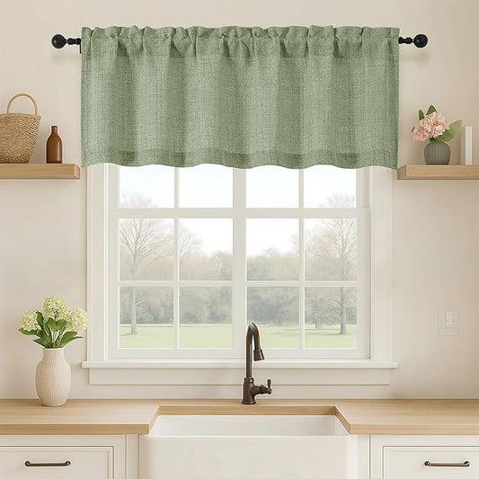OVZME Green Valance for Windows, Light Filtering Faux Linen Textured Small by OVZME