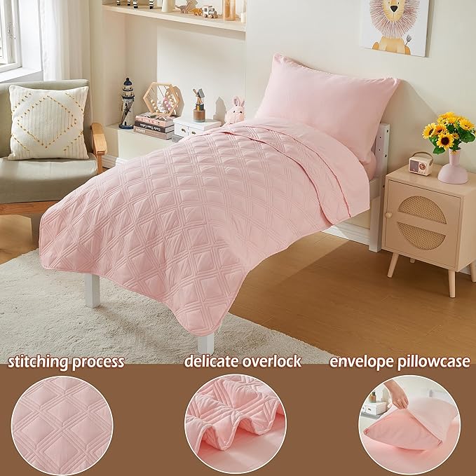 4 Piece Toddler Bedding Set for Girls Pink Geometric Stitched Soft Microfiber - Image 2