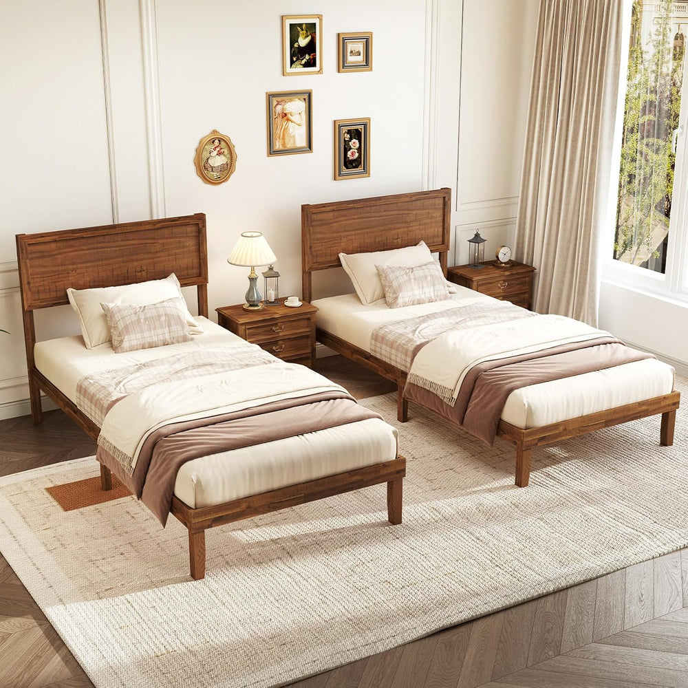 GIANTEX Wood Twin Bed Frames with Headboard, Mid Century Modern Platform Bed ...