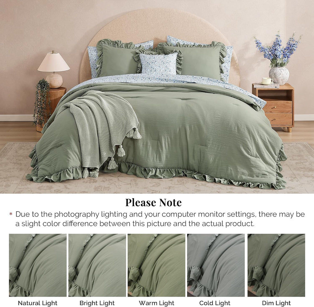 BLOOMHAVEN Queen Comforter Set-7 Pieces Ruffle Bedding with Floral Sheet
