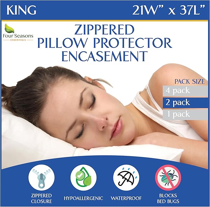 Four Seasons Essentials Waterproof King Pillow Protectors – Zippered Pillow by FourSeasonsEssentials