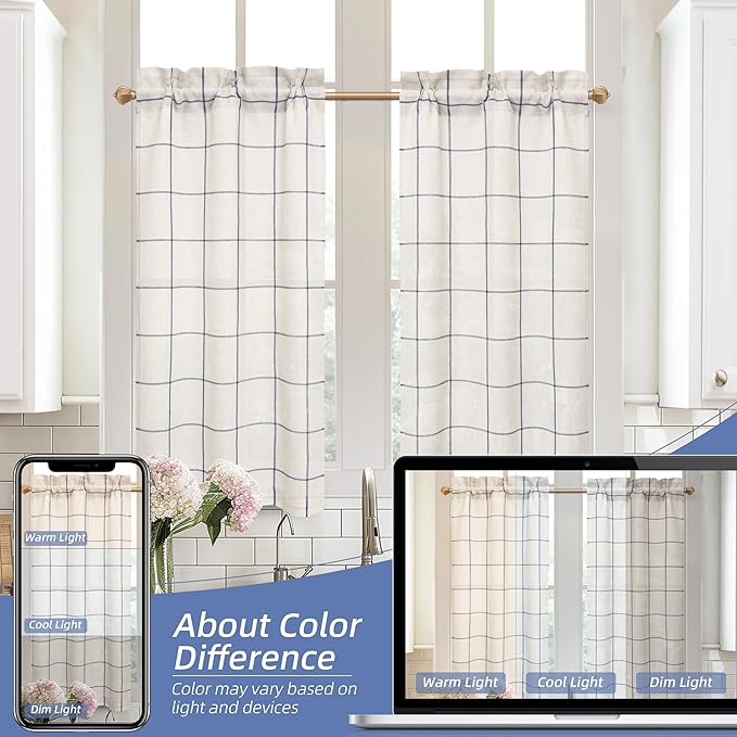 DriftAway Kitchen Curtains Striped Tier Linen Short Curtains Windowpane Plaid - Image 7
