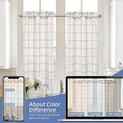 DriftAway Kitchen Curtains Striped Tier Linen Short Curtains Windowpane Plaid - Image 7