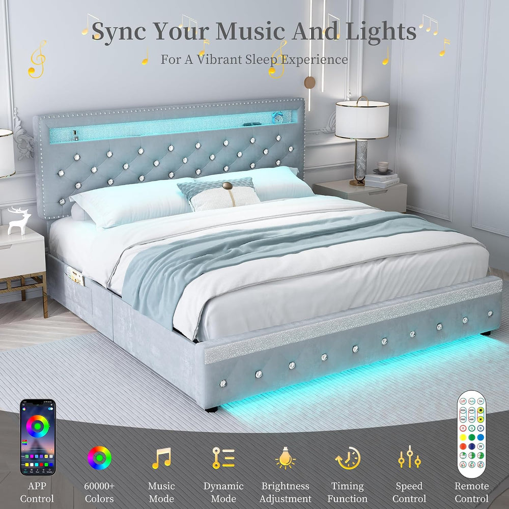 LED Queen Platform Bed Frame with 2 Storage Drawers, Grey