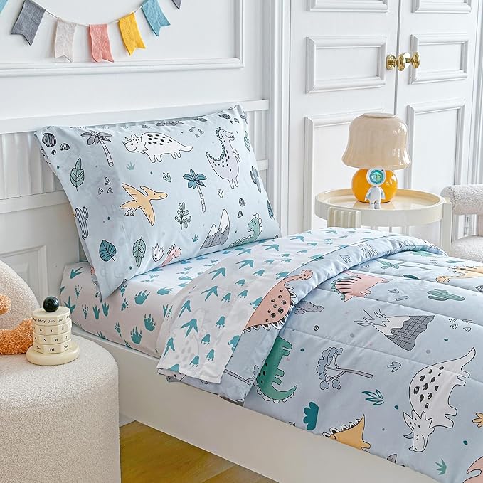 Joyreap 4 Piece Toddler Bedding Set, Cute Dinosaur on Light Blue, Ultra Soft - Image 3