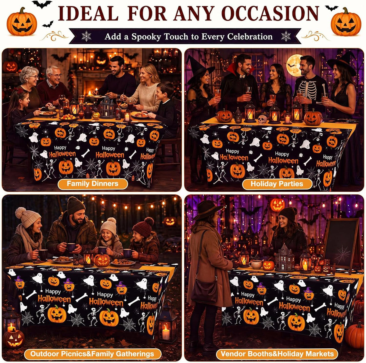 Moukeren 2 Pack Halloween Pumpkin Ghost Spandex Tablecloth 6ft Stretch Table Cloths Fitted Rectangular Table Cover Washable Spooky Skeleton Spider Web Cloth for Halloween Party Supplies Birthday Decor