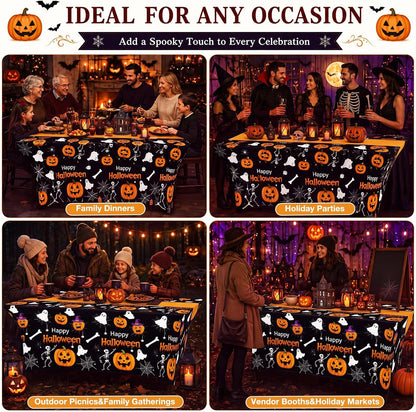 Moukeren 2 Pack Halloween Pumpkin Ghost Spandex Tablecloth 6ft Stretch Table Cloths Fitted Rectangular Table Cover Washable Spooky Skeleton Spider Web Cloth for Halloween Party Supplies Birthday Decor
