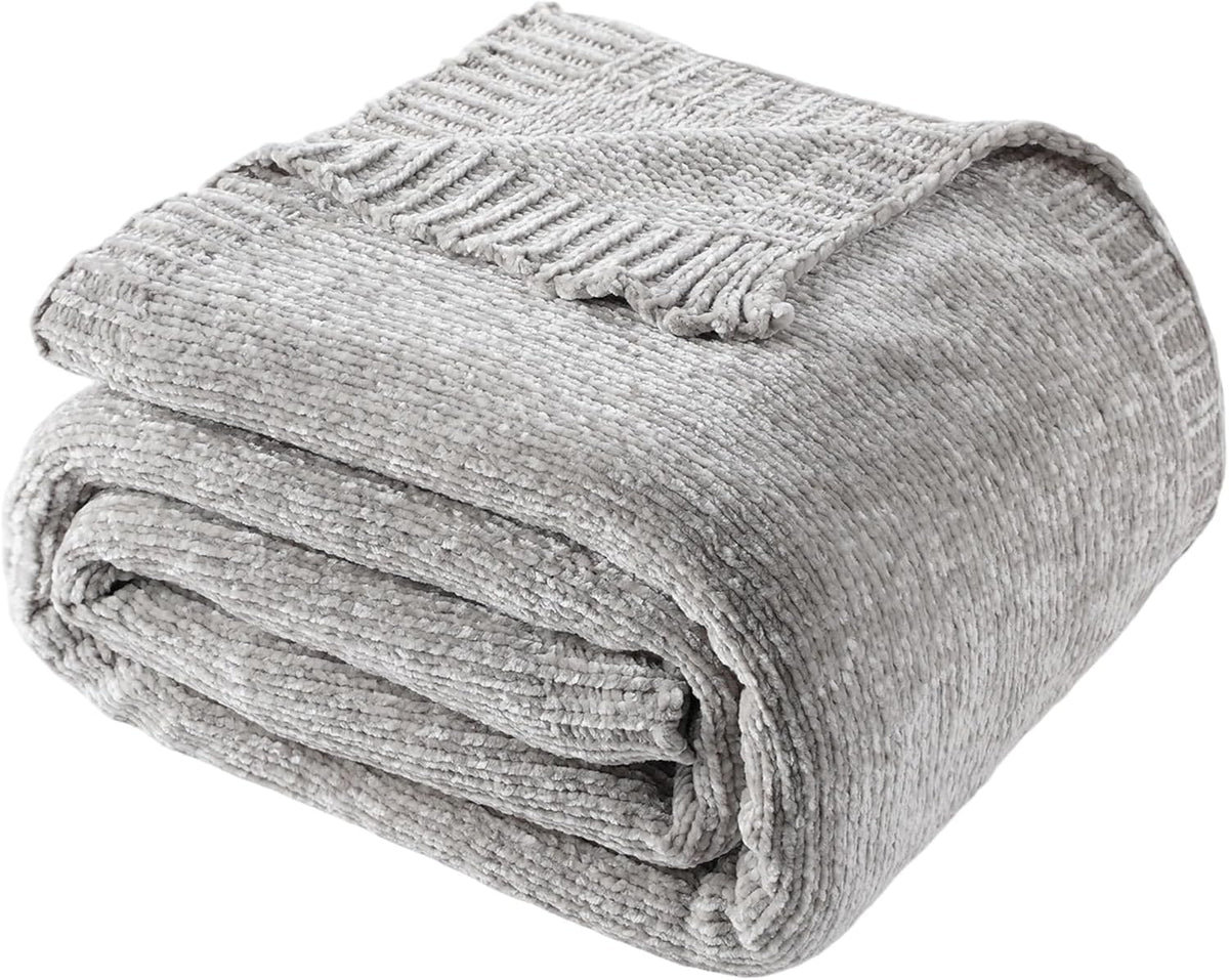 chenille throw blanket for couch sofa, light grey, main product view