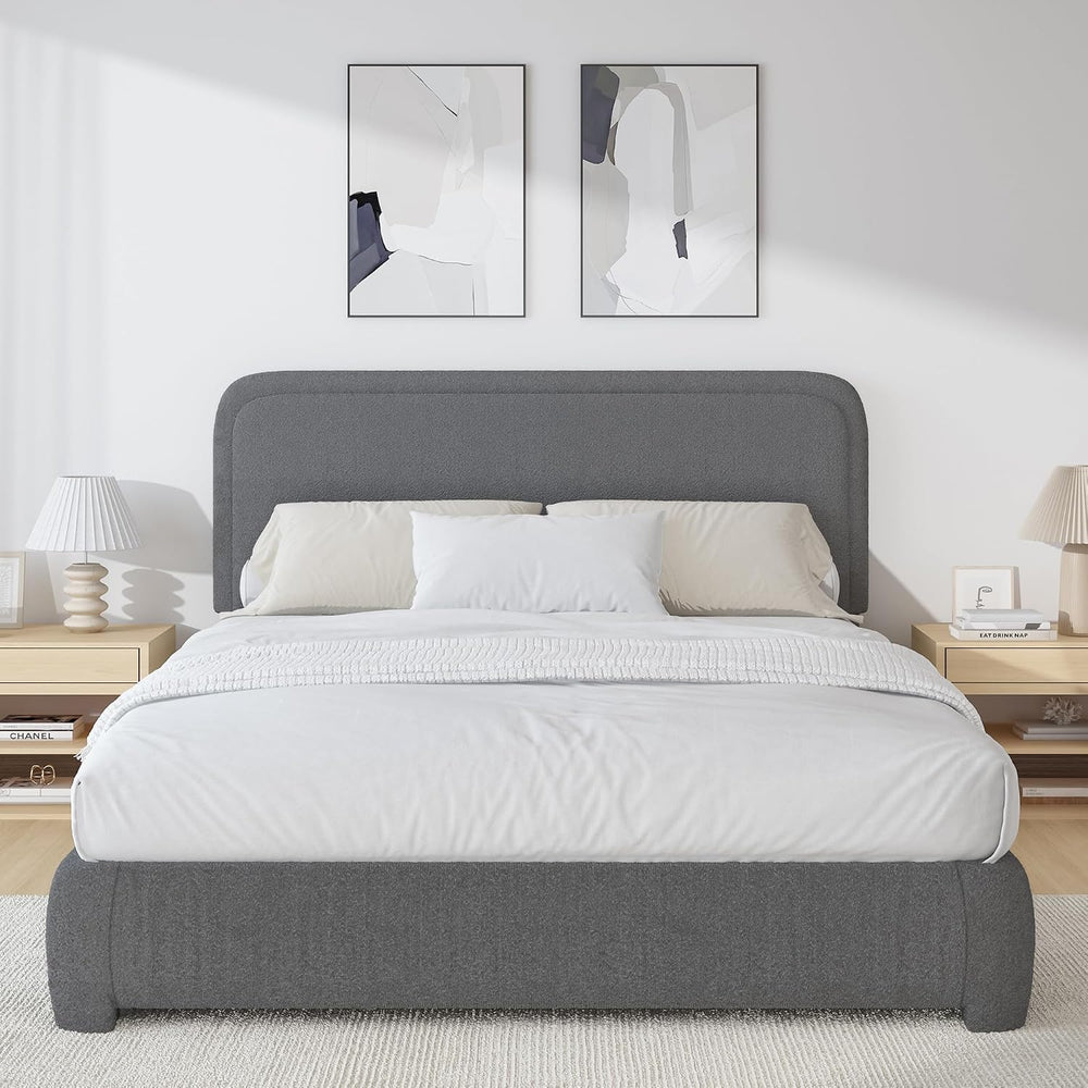 BarnFurin Full Bed Frame, Cloud Boucle Headboard, Low Profile, Dark Grey
