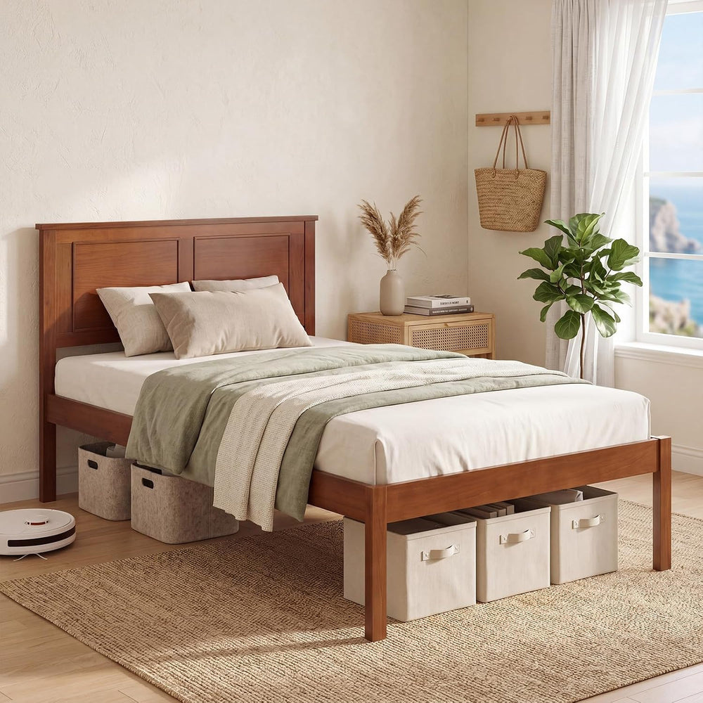 KOMFOTT Twin Size Bed Frame, Farmhouse Wooden Platform Bed with Headboard