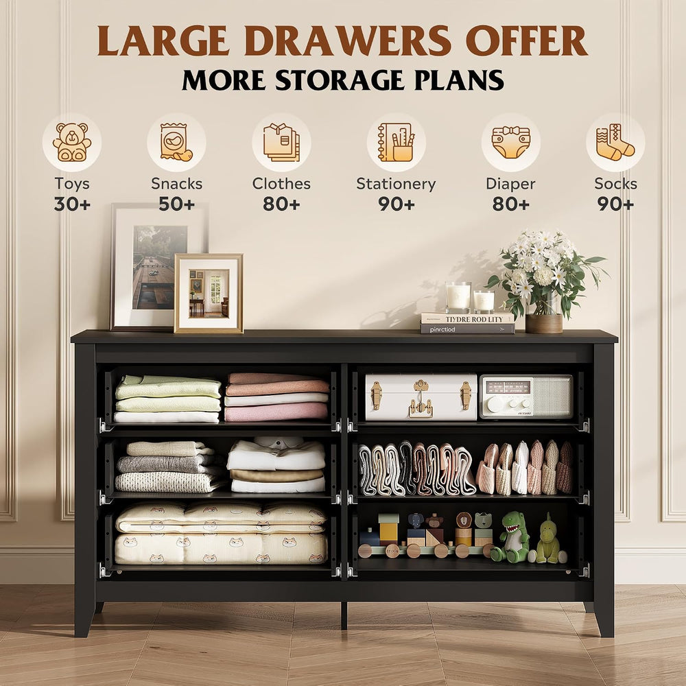 WLIVE Black Dresser 6 Drawers for Bedroom, Wood Dresser TV Stand for 55" TV
