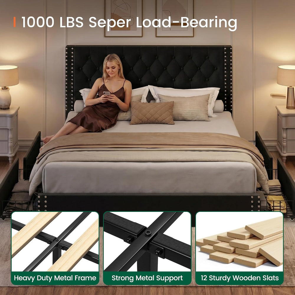 LARMACE Bed Frame King Size with 4 Storage Drawers and Tufted Headboard Velve...